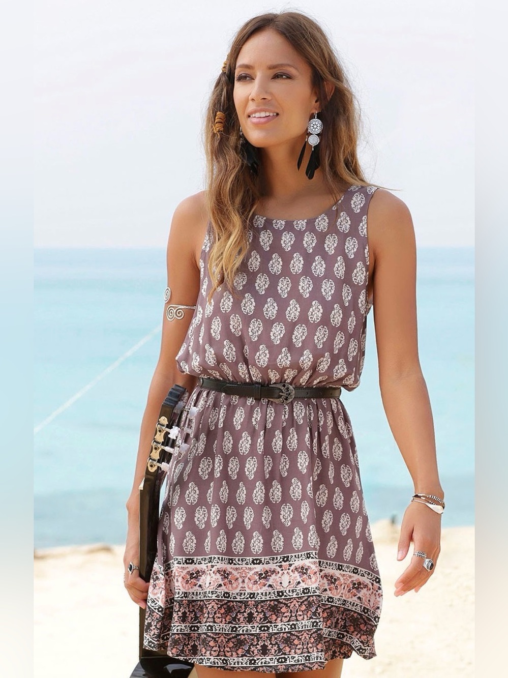 Lascana Boho Print Mini Dress Purple Multi Paisley Size 8